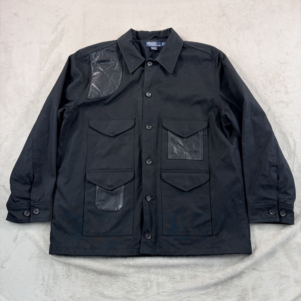 Polo Ralph Lauren Oilskin Waxed Canvas Leather Black Hunting Jacket Coat Men XL